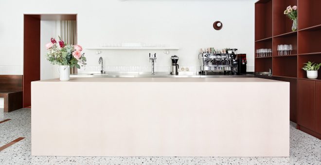 Archisearch - Mezi Srnky Bistro in Prague by Markéta Bromová combines a distinct terrazzo floor with a signature maroon palette