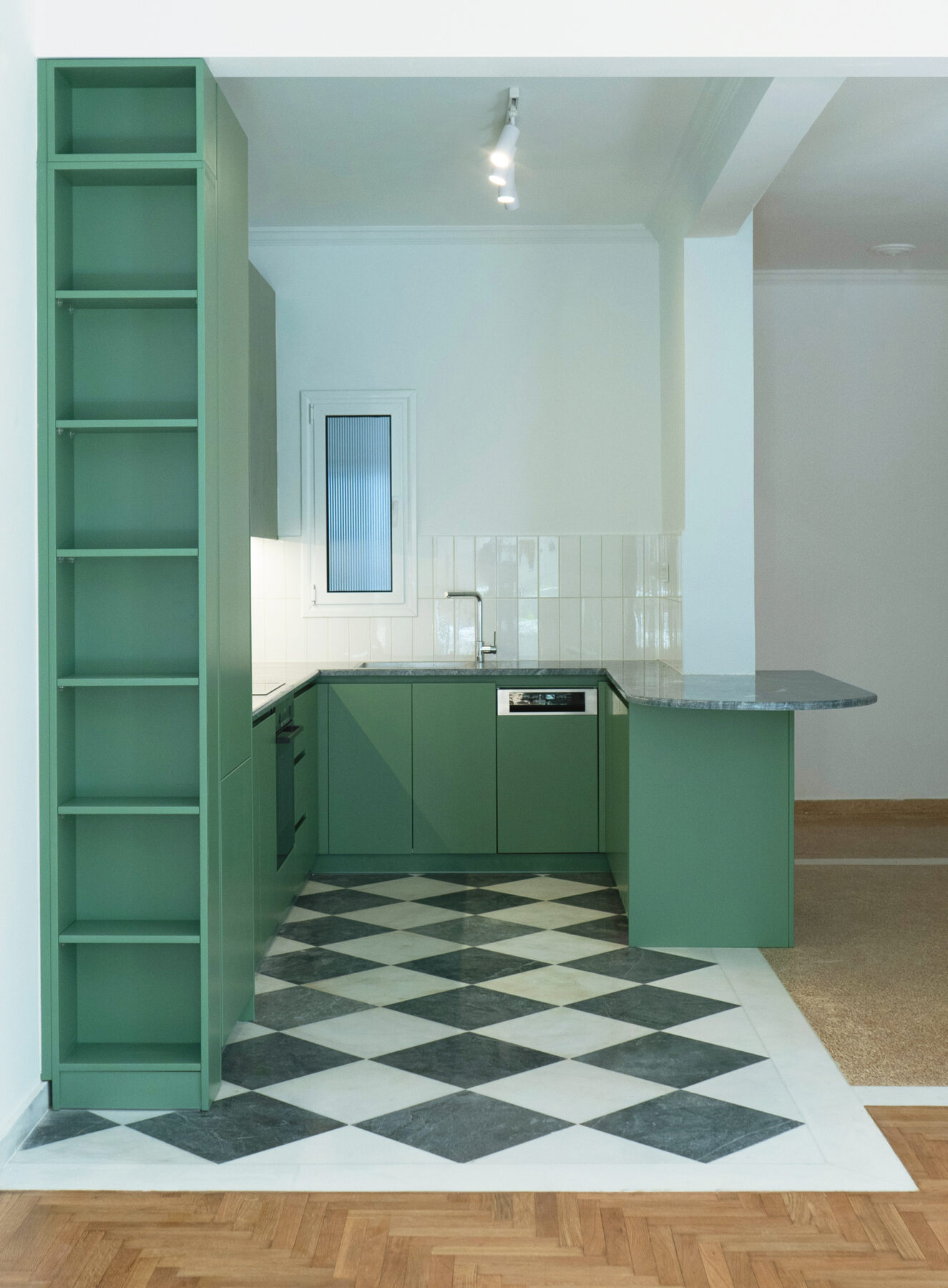 Archisearch 'Green, Saumon and Checkerboard' apartment renovation in Kypseli, Athens by architect Harris Vamvakas