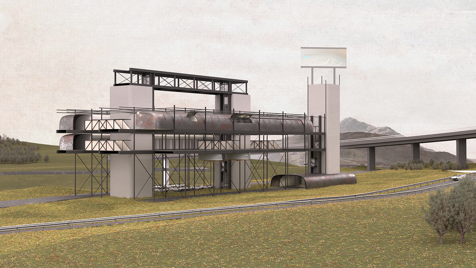Archisearch Mobil Park: Επαναχρησιμοποίηση Πετρελαιοπηγών για τον Σχεδιασμό Ξενοδοχειακού Πάρκου | Διπλωματική Εργασία από τον Μιχάλη Μπίνιο