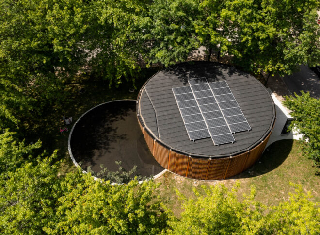 Archisearch Alto Tâmega Tourism Info Point: a circular plan over a concrete slab covered in wood  | AND-RÉ Arquitectura