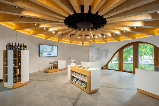 Archisearch Alto Tâmega Tourism Info Point: a circular plan over a concrete slab covered in wood  | AND-RÉ Arquitectura