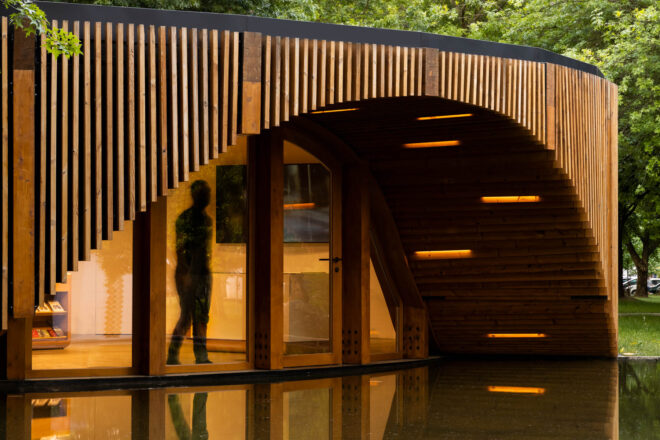 Archisearch Alto Tâmega Tourism Info Point: a circular plan over a concrete slab covered in wood  | AND-RÉ Arquitectura