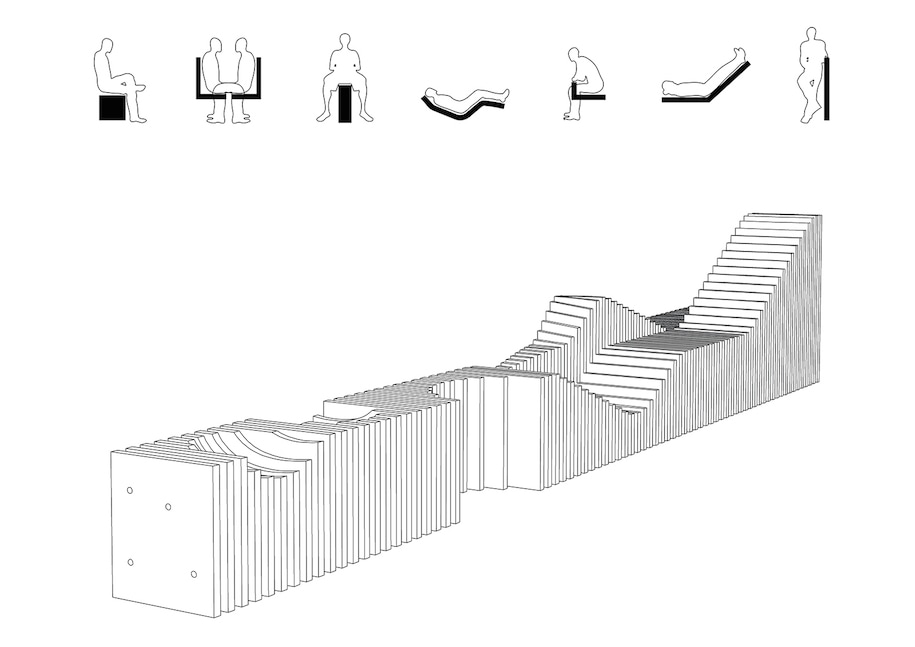 Archisearch The students of UTh designed the Polytope bench, a multipurpose seat made of worn-out table tops