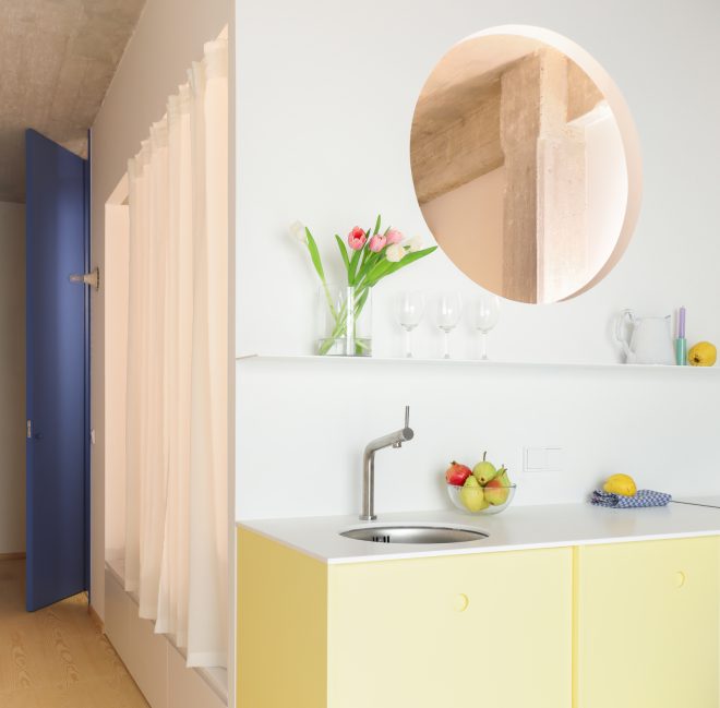 Archisearch - BUNNY: a white volume, a tokonoma and a touch of brutalism shape this pocket-sized hosting device downtown Athens by Federica Scalise