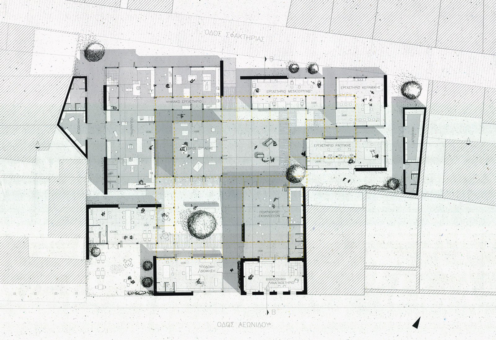 Archisearch Cooperative Construction Centre in Metaxourgeio, Athens | Diploma thesis project by Athina Maria Georgiadi, Thalassini Karali & Ourania Agoranou