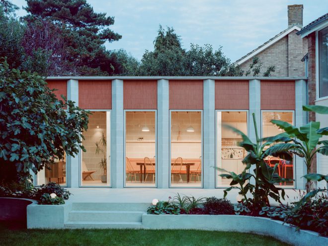 Archisearch - Architecture in Colour: Triangle House by Artefact is a Caribbean-inspired extension to a 1950s house in Epsom, Surrey rooted in material honesty