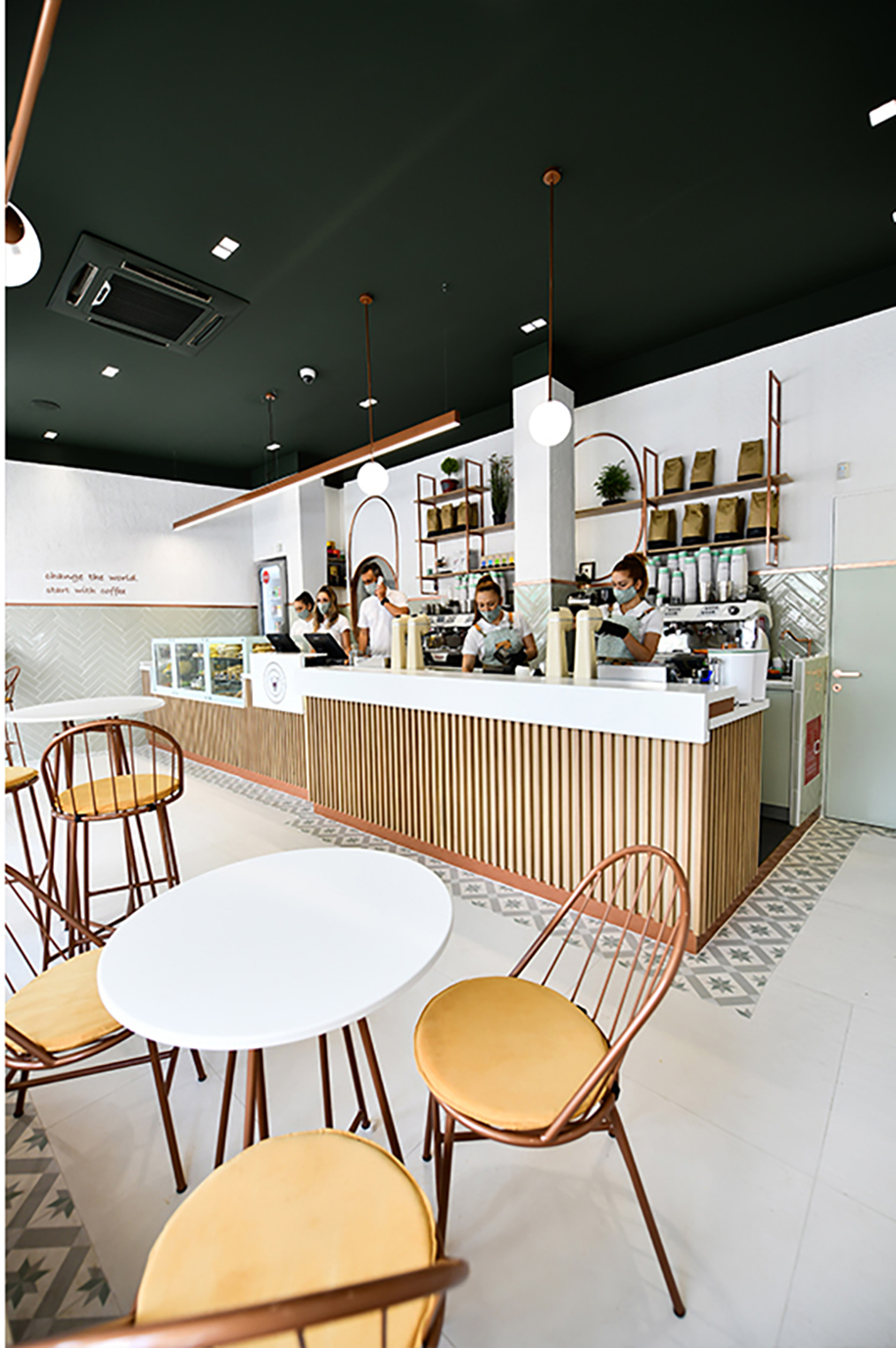 Archisearch Architect Valia Panagiotou designed Coupa Café in Komotini, Greece sprinkled with delicious mint surfaces and copper details