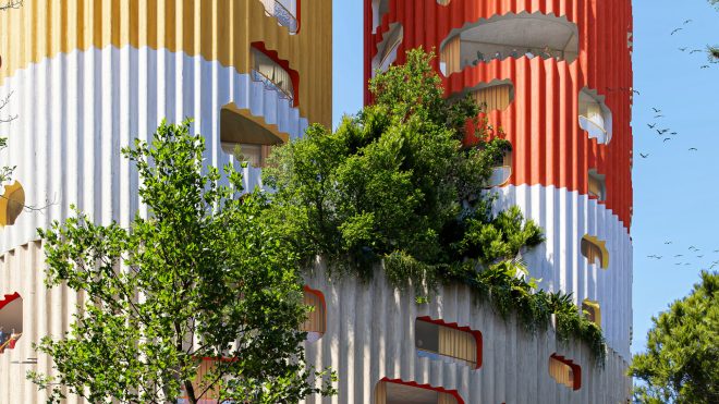 Archisearch - The New Polykatoikia: Sky-K by Selgascano & FRPO Evokes the Albanian Industrial Heritage with Colored Vertical Towers and Circular Terrace Openings