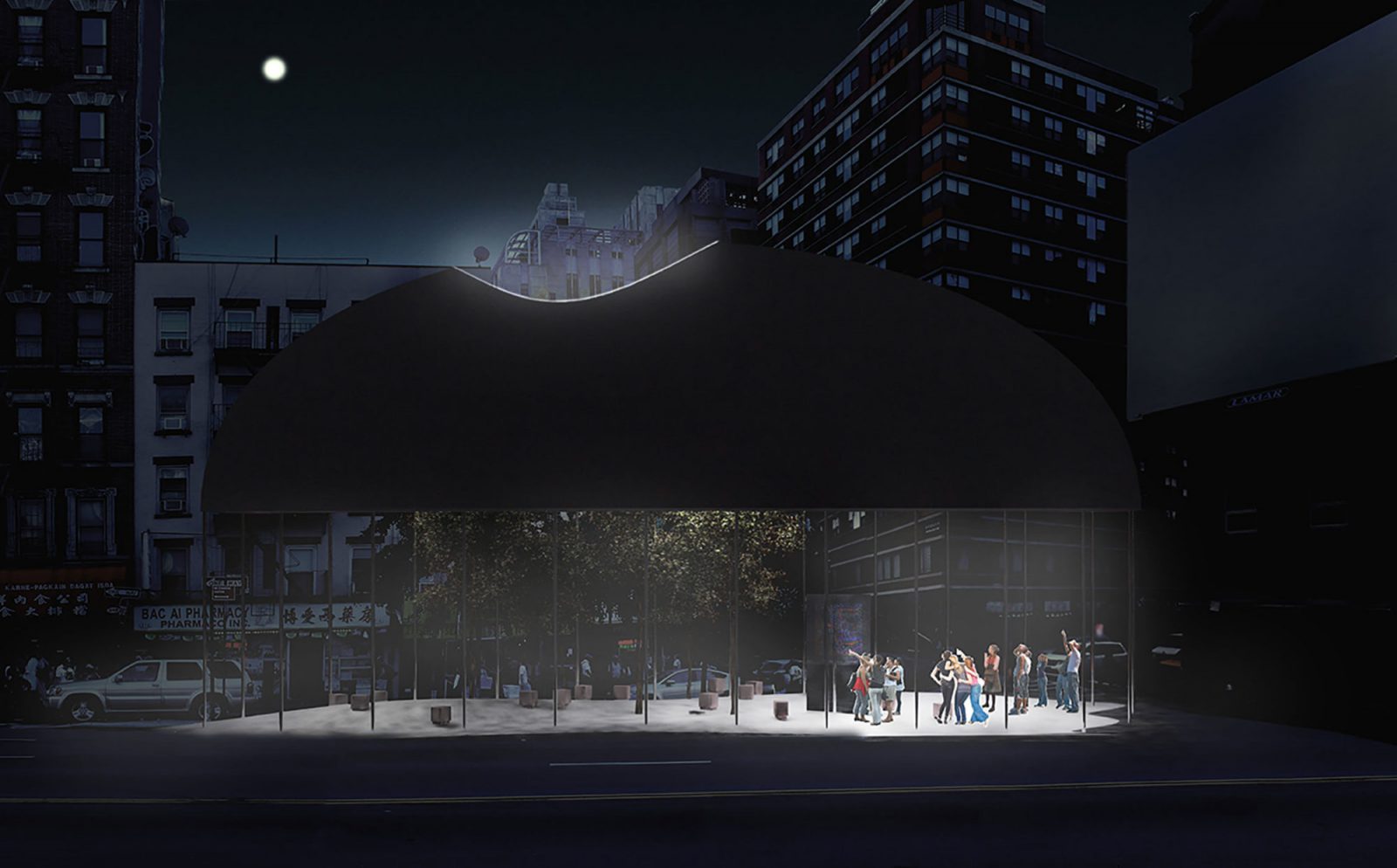 Archisearch LOT office for architecture designed a light concrete dome pavilion in New York inspired by the 21st Century vision of the traditional Chinatown Gateway