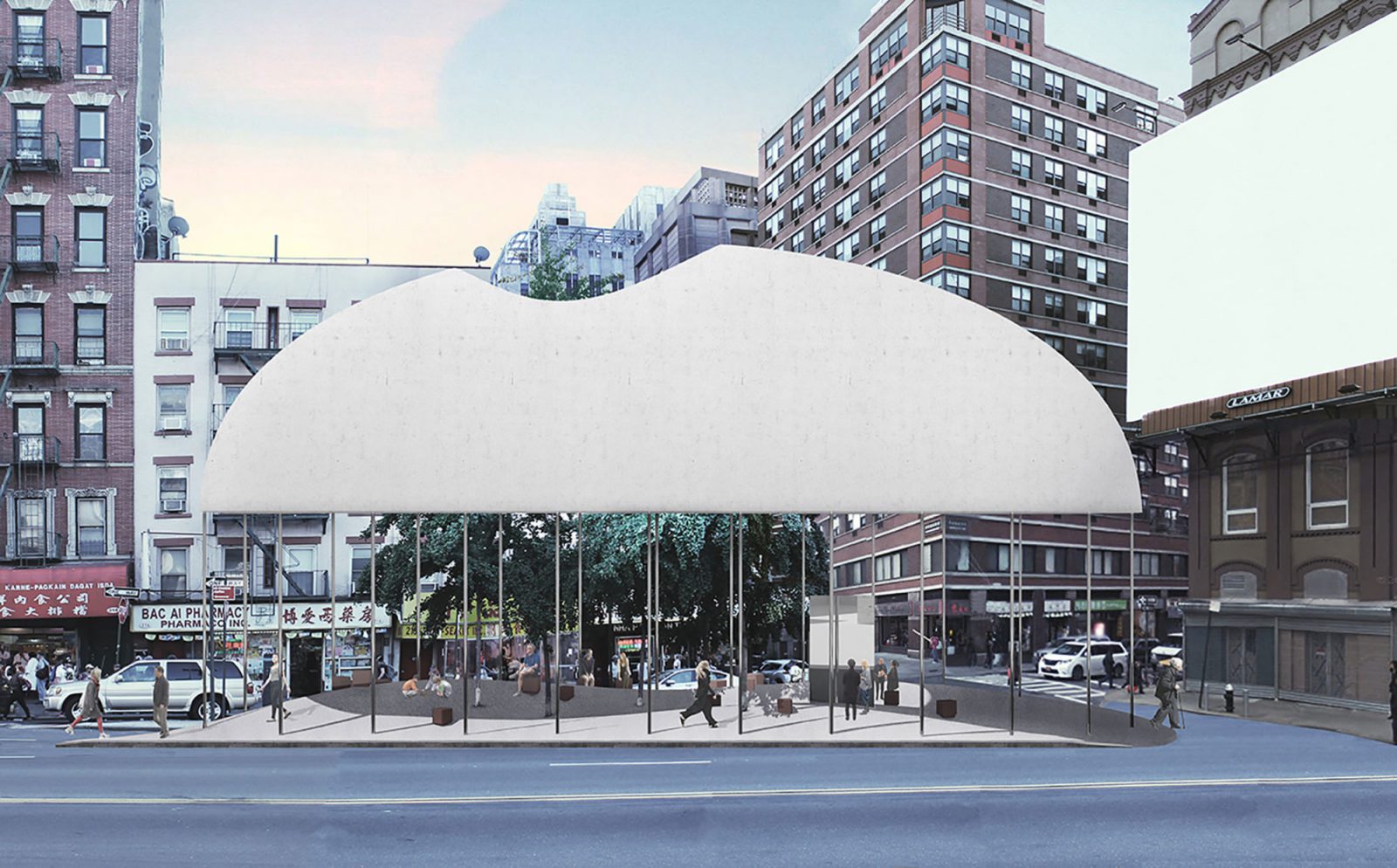 Archisearch LOT office for architecture designed a light concrete dome pavilion in New York inspired by the 21st Century vision of the traditional Chinatown Gateway