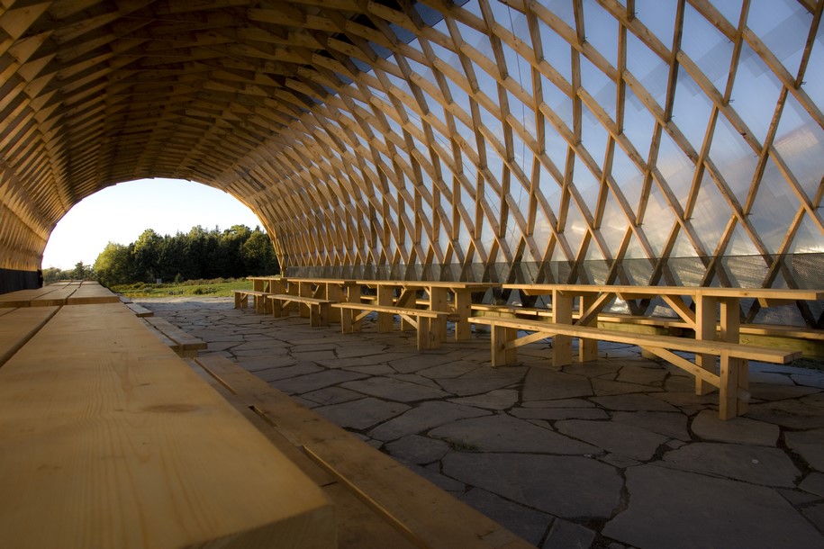 Archisearch Lamella Dining Hall is a theatrical and dramatic space that sits lightly on the landscape / Studio North