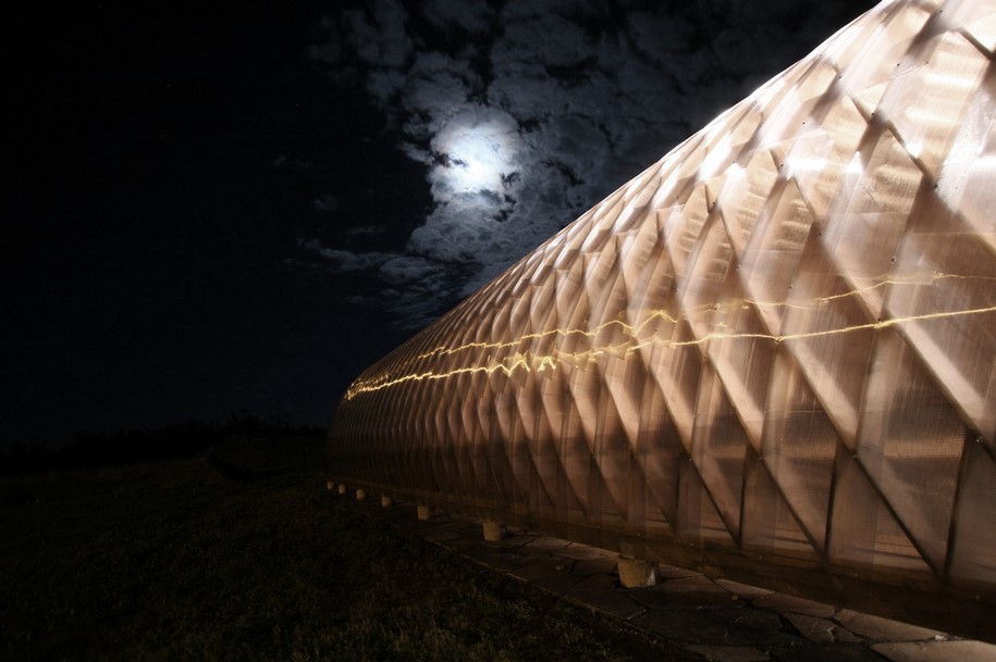 Archisearch Lamella Dining Hall is a theatrical and dramatic space that sits lightly on the landscape / Studio North