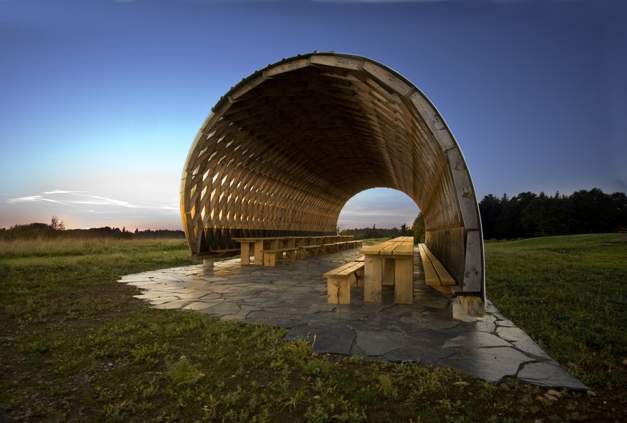 Archisearch Lamella Dining Hall is a theatrical and dramatic space that sits lightly on the landscape / Studio North