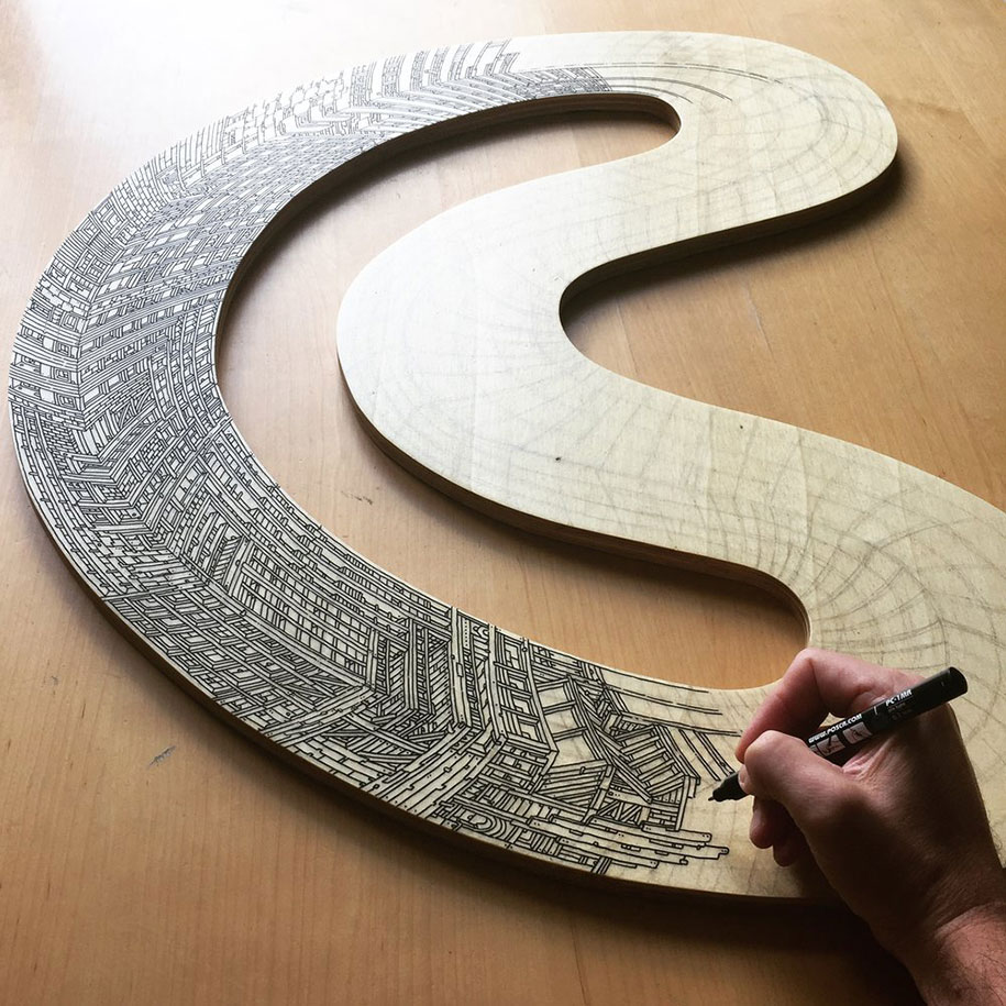 Archisearch Ouroborus: Hand Drawn, Infinite Cities on Wood by Mister Mourao
