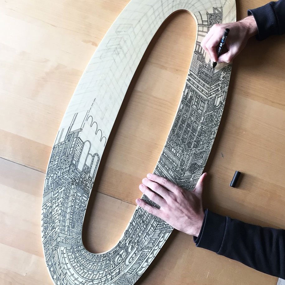 Archisearch Ouroborus: Hand Drawn, Infinite Cities on Wood by Mister Mourao