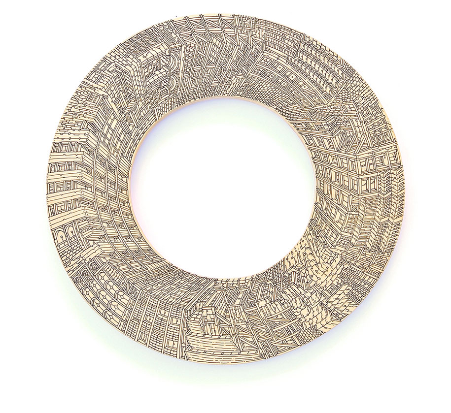Archisearch Ouroborus: Hand Drawn, Infinite Cities on Wood by Mister Mourao