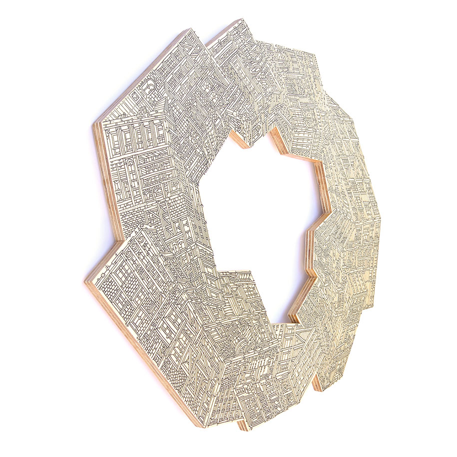 Archisearch Ouroborus: Hand Drawn, Infinite Cities on Wood by Mister Mourao