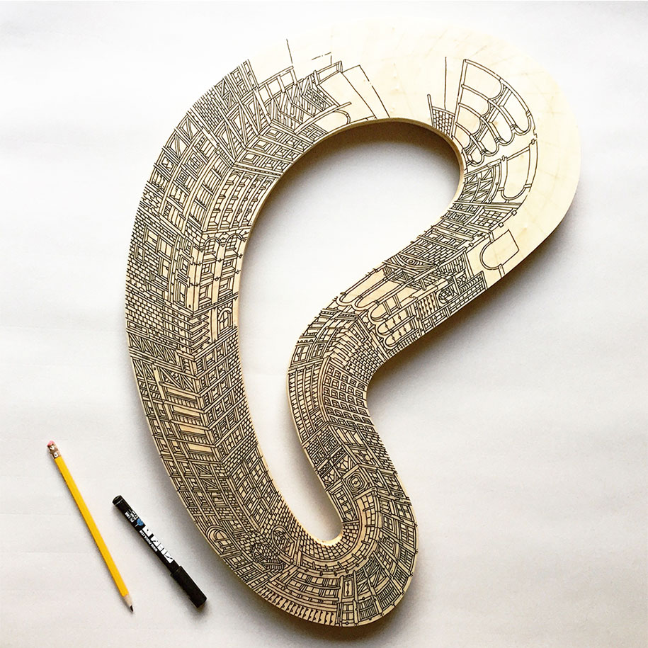 Archisearch Ouroborus: Hand Drawn, Infinite Cities on Wood by Mister Mourao