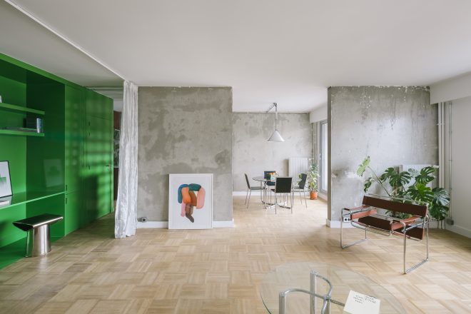Archisearch - Architecture in Colour: Atelier Apara Reshapes a Post-War Parisian Apartment Through a Glossy Green Cube.