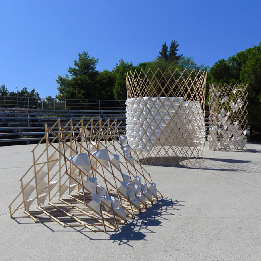 Simplicity, Sim[pli]city, Transformable Screen, Volos, Greece, Ambiances Tomorrow, 3rd International Congress of Ambiances, Sophia Vyzoviti, folding, transformable, structure, origami, installation, architecture, day