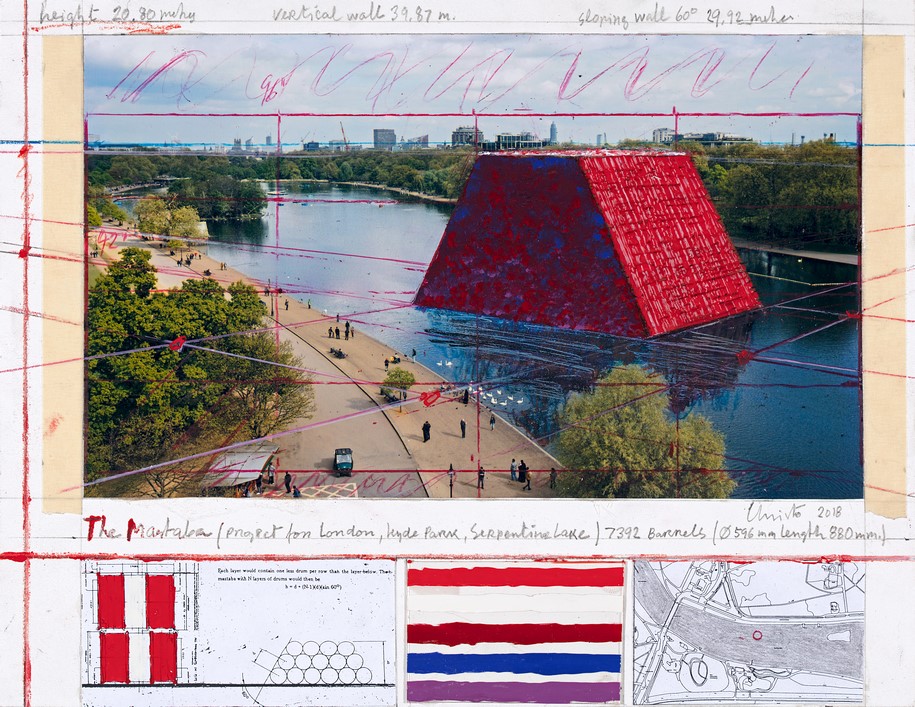 Christo, Christo and Jeanne-Claude, The London Mastaba, sculpture , art, London, UK, Hyde Park, Serpentine Lake