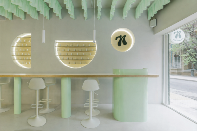 Archisearch - so far studio designs Nailon Room in Pangrati around a scenographic, pistachio-toned textile installation