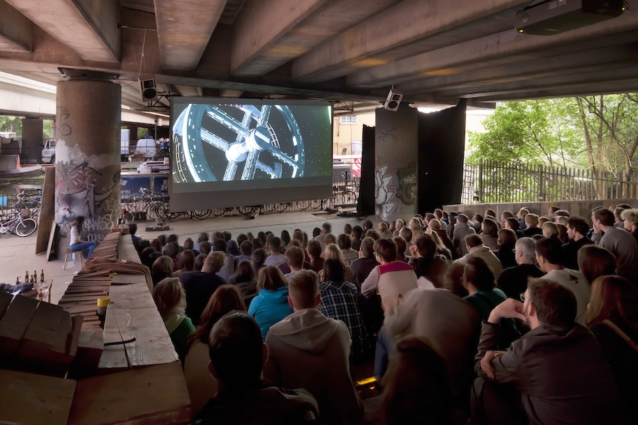 Folly for a Flyover, Assemble, London, UK, cinema, canal, river, ephemeral architecture, motorway, urban interventions