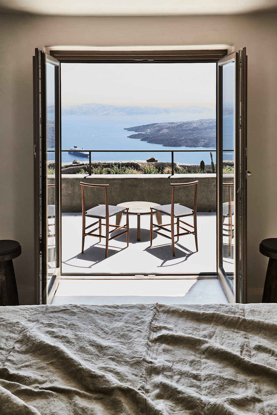 Archisearch K-Studio designed Vora Villas,  a 3-room boutique hotel that clings to the edge of a volcano crater on the Greek island of Santorini