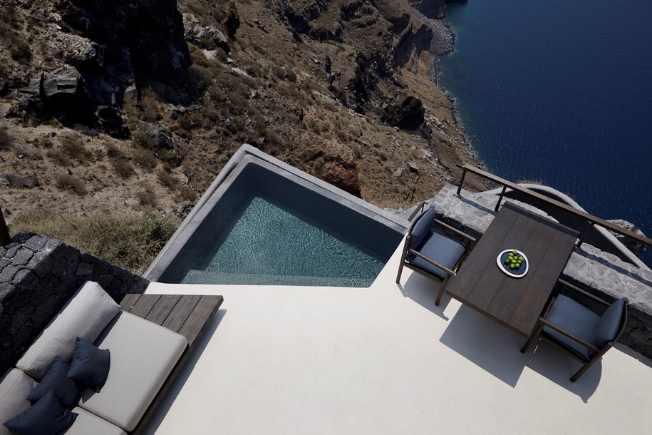 Archisearch K-Studio designed Vora Villas,  a 3-room boutique hotel that clings to the edge of a volcano crater on the Greek island of Santorini