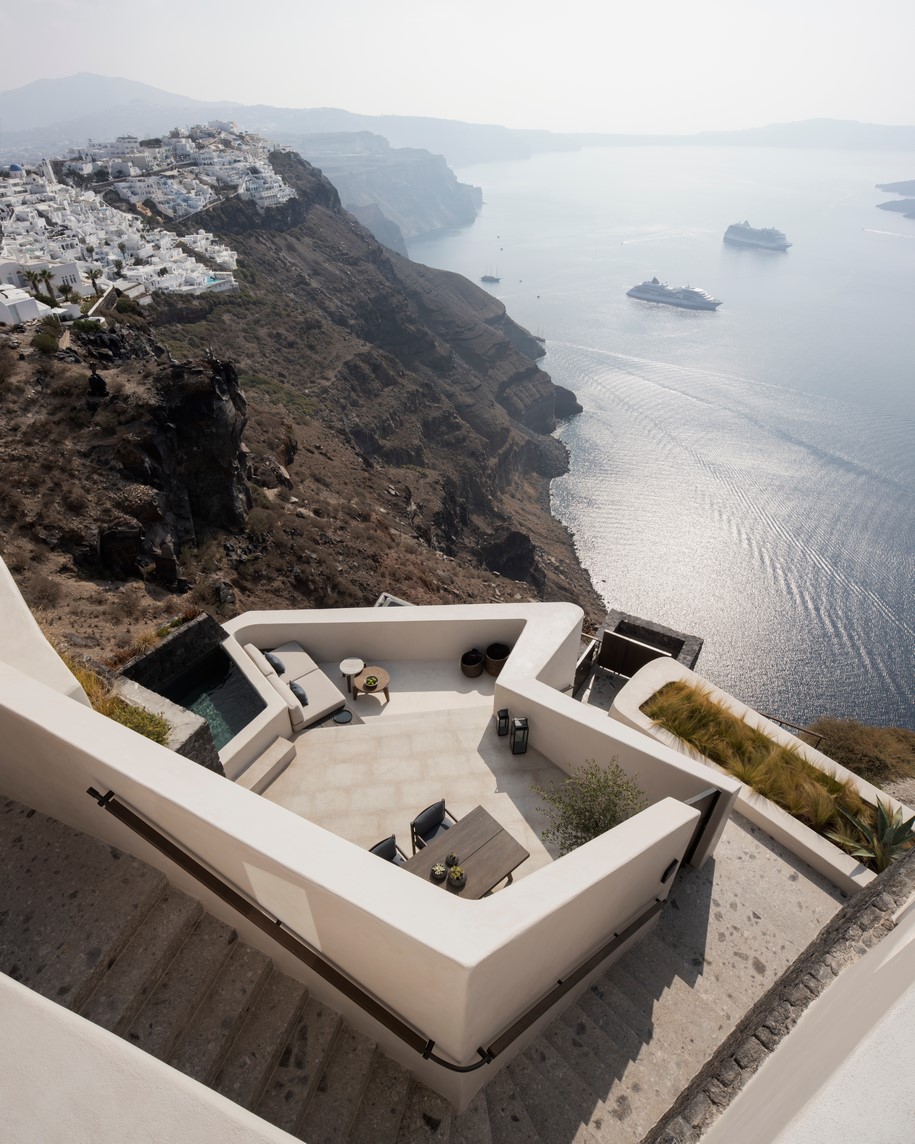 Archisearch K-Studio designed Vora Villas,  a 3-room boutique hotel that clings to the edge of a volcano crater on the Greek island of Santorini