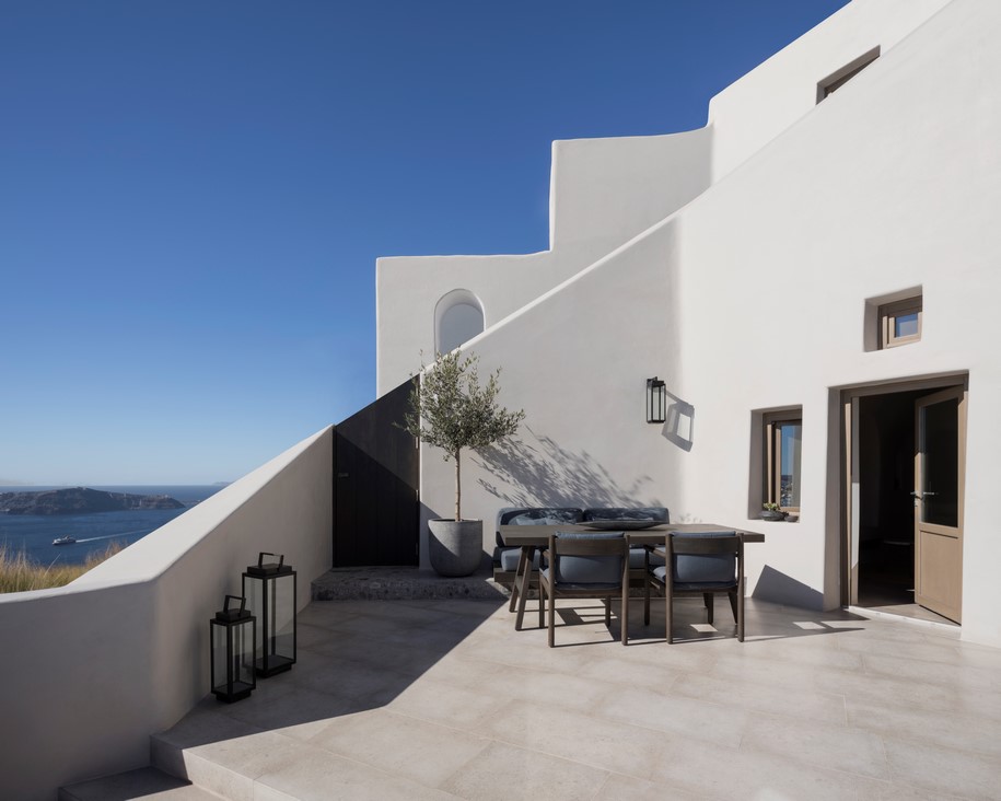 Archisearch K-Studio designed Vora Villas,  a 3-room boutique hotel that clings to the edge of a volcano crater on the Greek island of Santorini