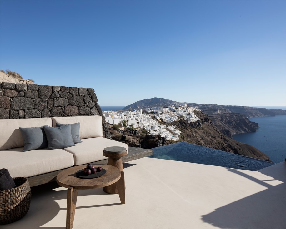 Archisearch K-Studio designed Vora Villas,  a 3-room boutique hotel that clings to the edge of a volcano crater on the Greek island of Santorini