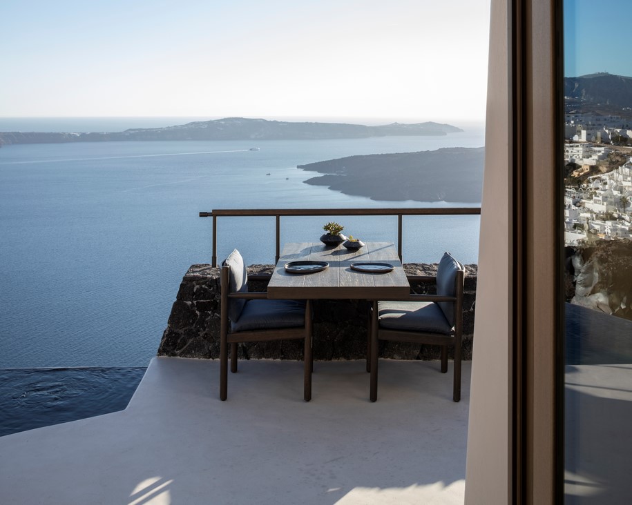 Archisearch K-Studio designed Vora Villas,  a 3-room boutique hotel that clings to the edge of a volcano crater on the Greek island of Santorini