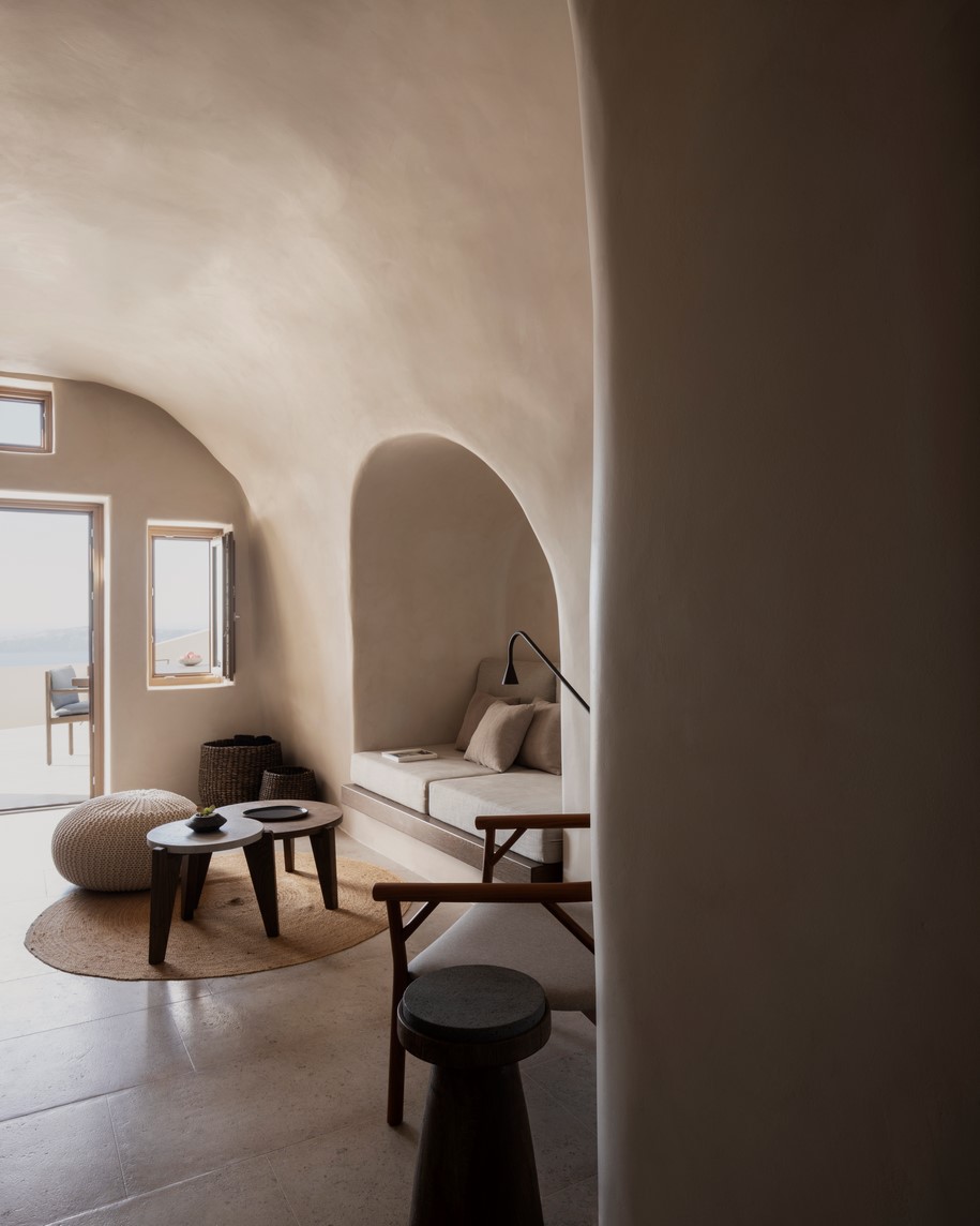 Archisearch K-Studio designed Vora Villas,  a 3-room boutique hotel that clings to the edge of a volcano crater on the Greek island of Santorini