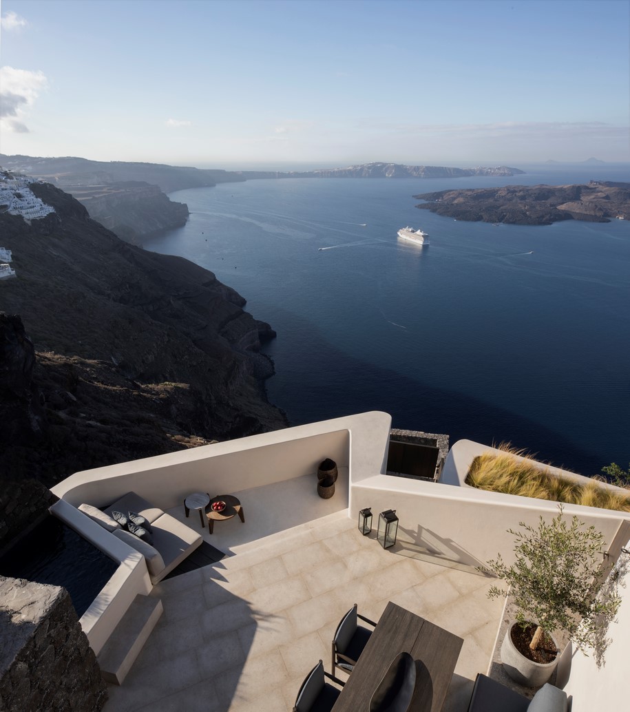 Archisearch K-Studio designed Vora Villas,  a 3-room boutique hotel that clings to the edge of a volcano crater on the Greek island of Santorini