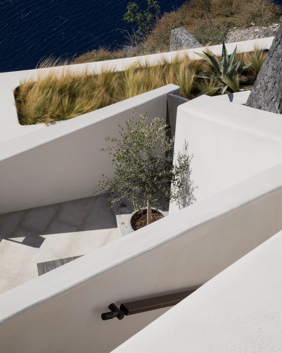 Archisearch K-Studio designed Vora Villas,  a 3-room boutique hotel that clings to the edge of a volcano crater on the Greek island of Santorini