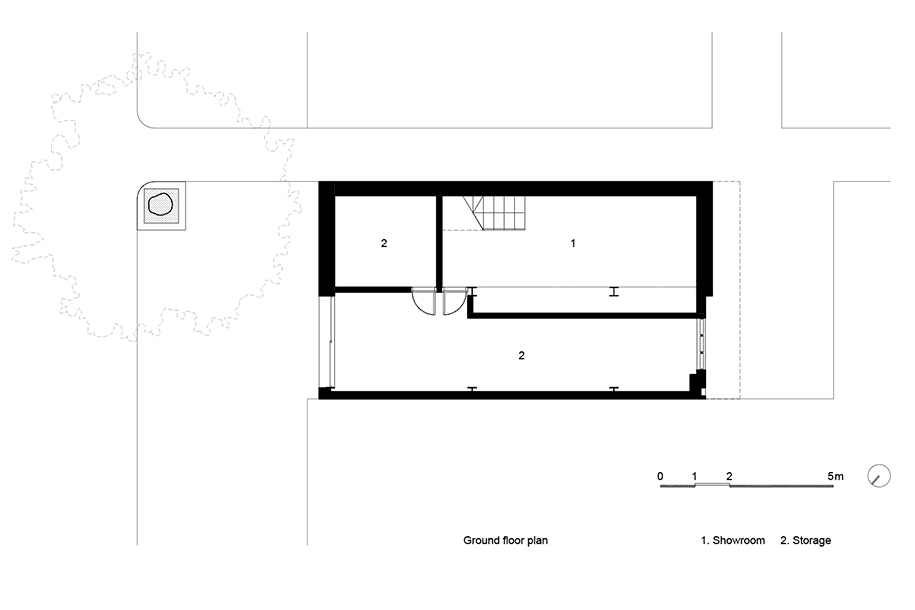 showroom, nanoco, VTN, architects, lighting, terracotta, façade, basement, floor, plan