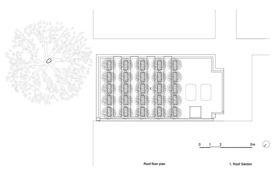 showroom, nanoco, VTN, architects, lighting, terracotta, façade, roof, plan