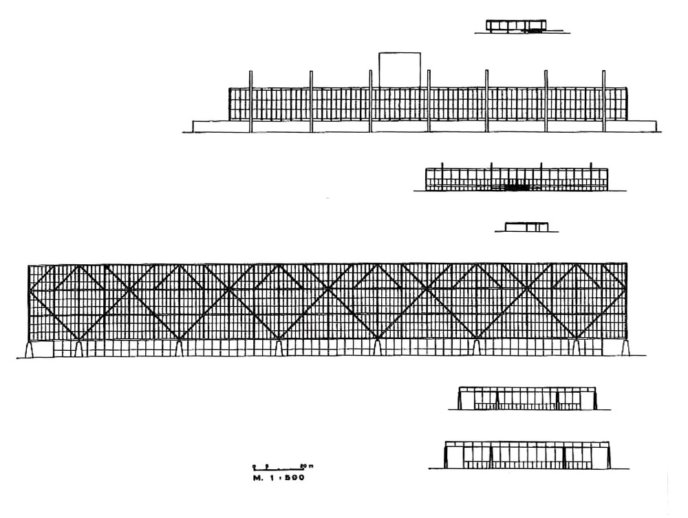 Archisearch - Seven clear-span buildings by Mies van der Rohe _ elevation drawings _ from the   50X50 House to the Chicago Convention Hall