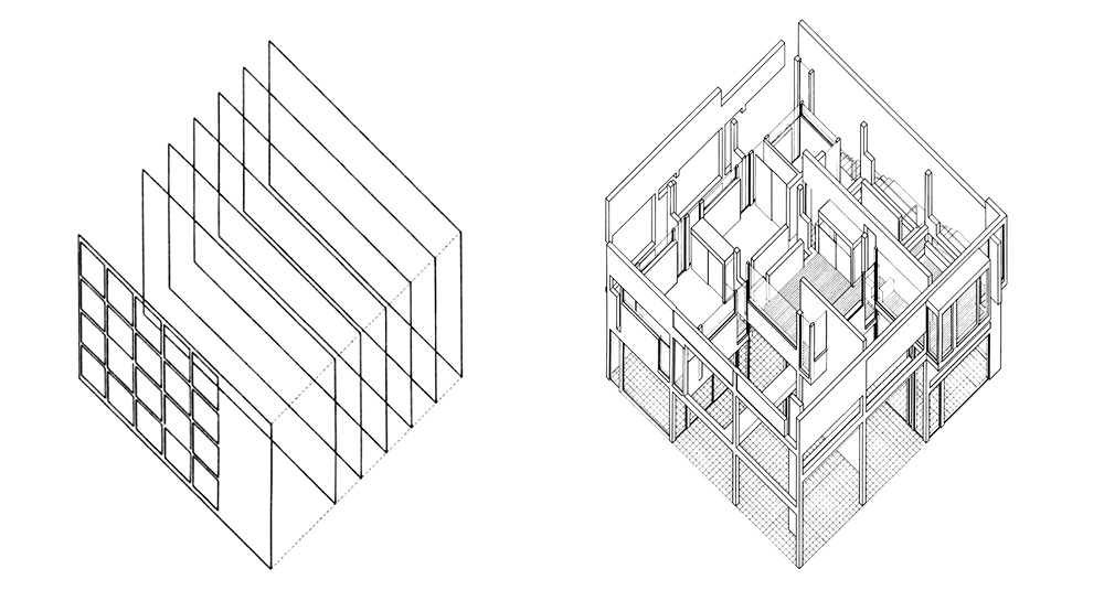 Archisearch -  Peter Eisenman _ axonometric analysis diagrams of Giuseppe Terragni`s Casa del Fascio and layered reading interpretation of House II  