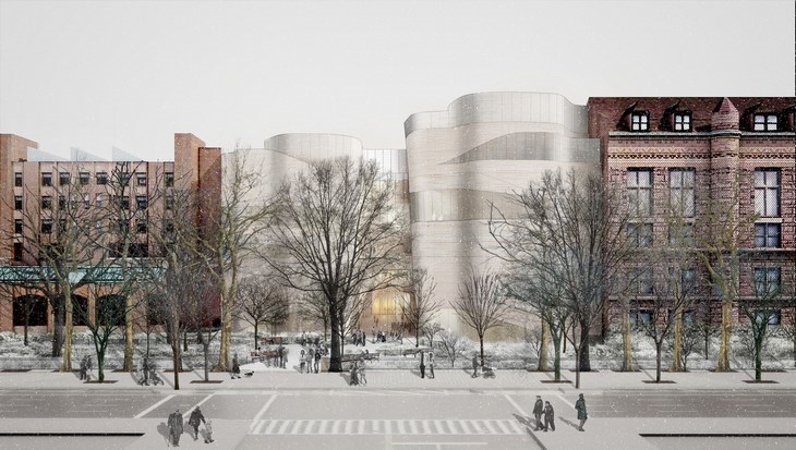 Archisearch - Proposed Façade Concept - Wintertime View with Street Trees and Park Plantings