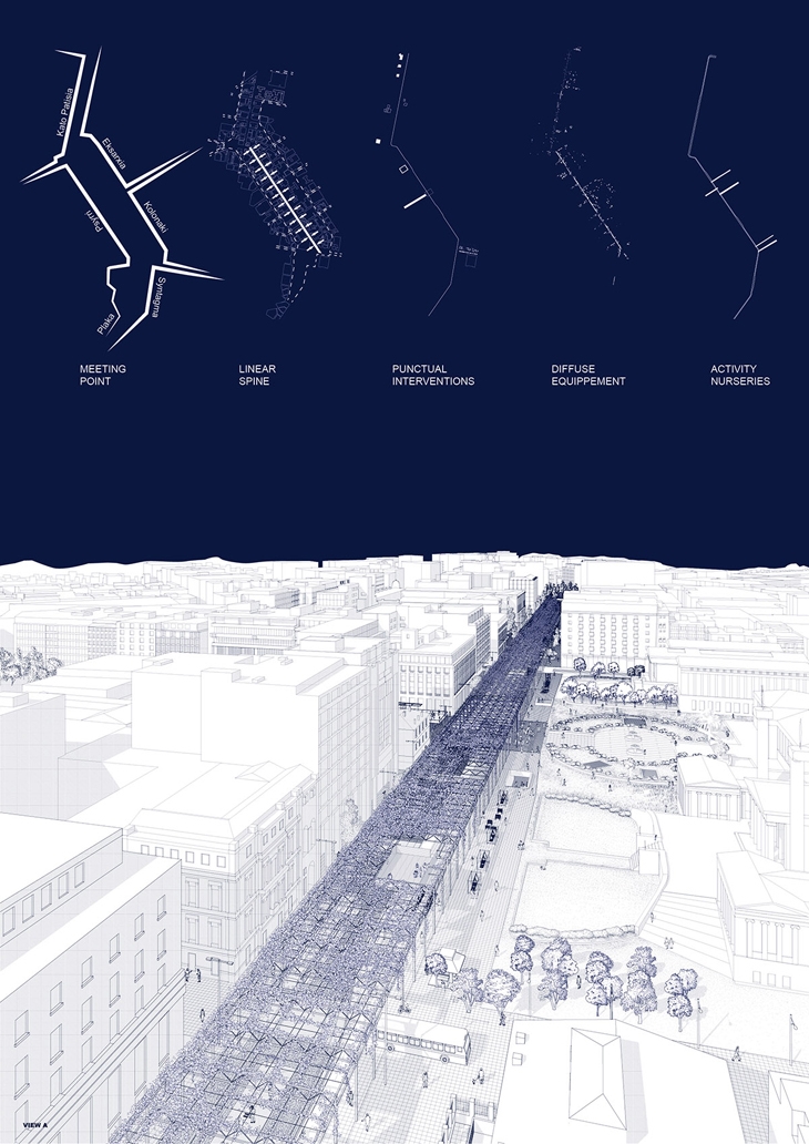 Archisearch - 2 PANEPISTIMIOU STREET- Changing the road into a pedestrian area does not necessarily create a locus. Taking advantage of the planned tram line we concentrate the effort along the infrastructure in order to create the critical mass for a locus to be formed. The potential that extensive infrastructure carries along can be used to stimulate impromptu initiatives. 