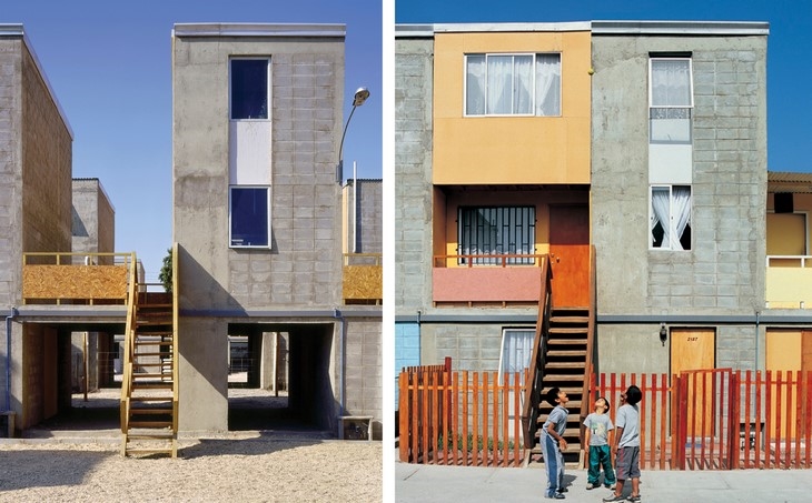 Archisearch - Quinta Monroy Housing, 2004, Iquique, Chile  Photos by Cristobal Palma — Left: “Half of a good house” financed with public money. Right: Middle-class standard achieved by the residents themselves.