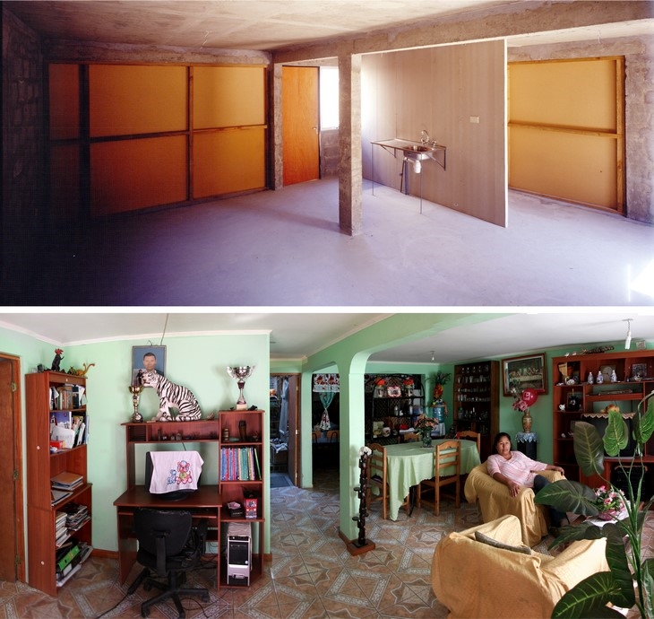 Archisearch - Quinta Monroy Housing, 2004, Iquique, Chile  Top: Photo by Ludovic Dusuzean — Interior of a “good house” financed with public money. Bottom: Photo by Tadeuz Jalocha — Middle-class standard achieved by the residents themselves.