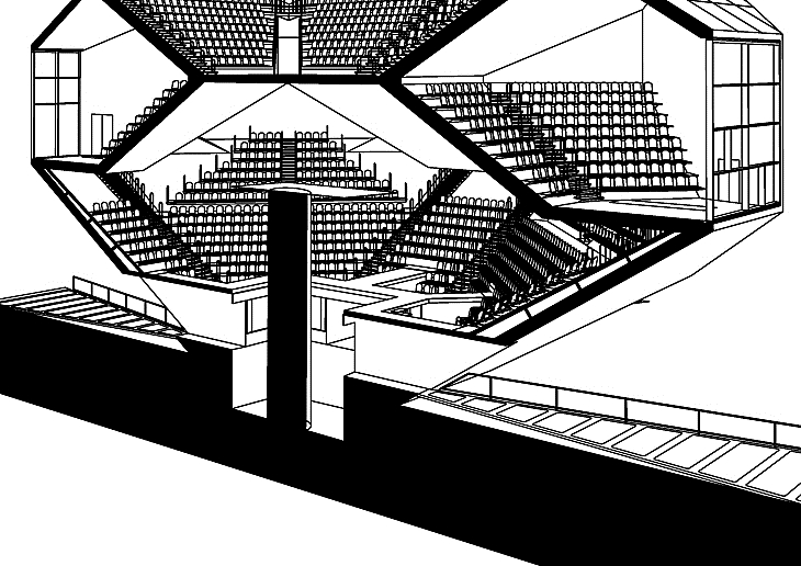 Archisearch - Ampitheke Perspective Section Close-up of Hydraulic Platform Levitator, Aristotheke Eutectonics