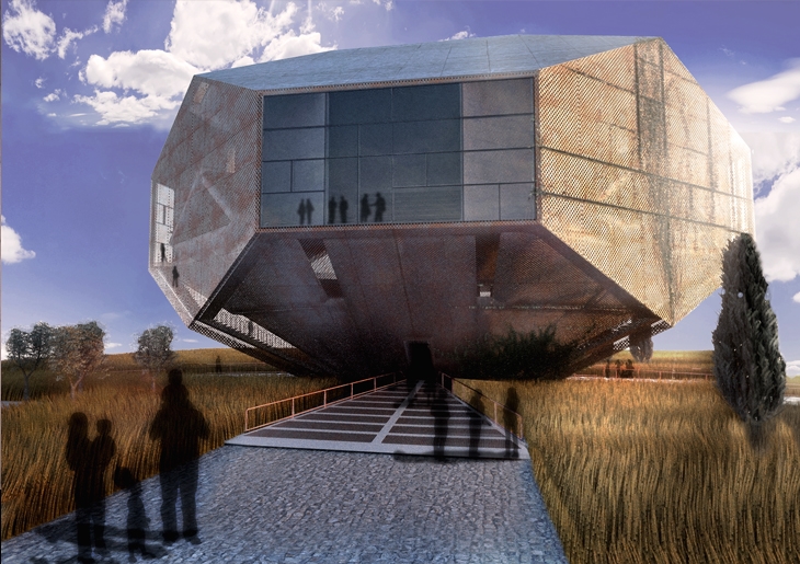 Archisearch - Ampitheke Exterior Rendering with Perforated Outer Shell Option, Aristotheke Eutectonics