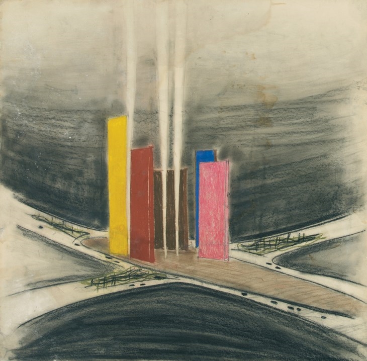 Archisearch - Luis Barragán. Torres de Satélite (1957), Ciudad Satélite, Mexico City, Perspective view of the towers. Undated. Color chalk on cardboard. 719 x 730 mm. Barragán Archives, Barragan Foundation, Switzerland (c) 2014 Barragan Foundation, Switzerland / Artists Rights Society (ARS), New York