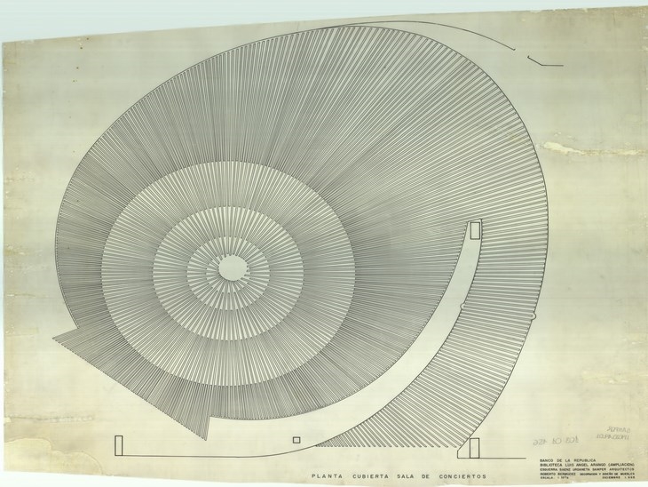 Archisearch - Esguerra Sáenz y Samper. Luis Ángel Arango Library (Biblioteca Luis Ángel Arango), Bogotá, Colombia. Cover plan of concert hall. 1965. Drawing, ink on tracing paper. Unframed: 39 ½ x 32 ¾” (100.3 x 83.2cm). (c) Archivo de Bogotá