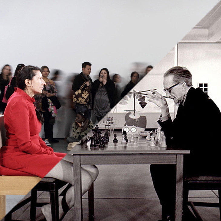 Archisearch - Marina Abramovic, The artist is present, MOMA, 2010 VS Julian Wasser, Duchamp Playing Chess with a Nude (Eve Babitz), Pasadena Art Museum, 1963