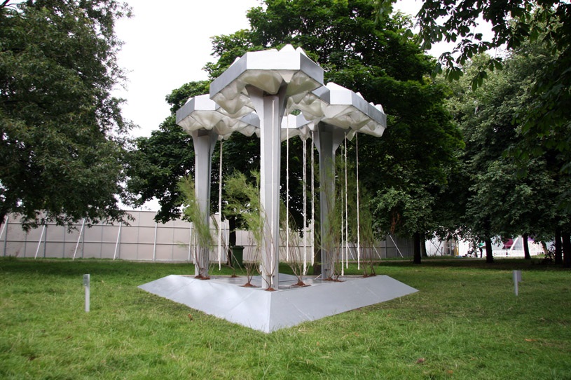 Archisearch - Public space installation - steel canopy, columns, base, hydraulic pumps, plexiglass containers with salt, turf, water, halophyte plants.